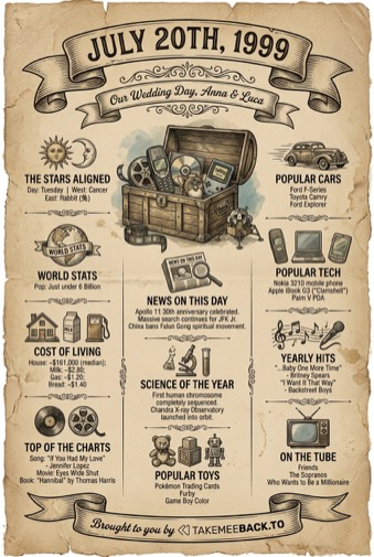 Personalized wedding day poster mockup with date-led historical content